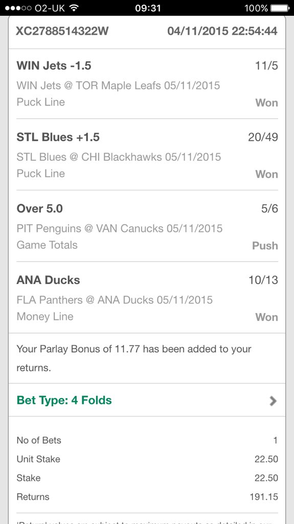 9/1 NHL Acca Wins!