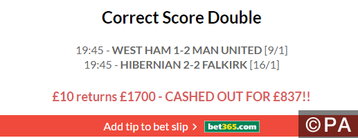 169/1 Correct Score Double Cashed for 83/1 Return